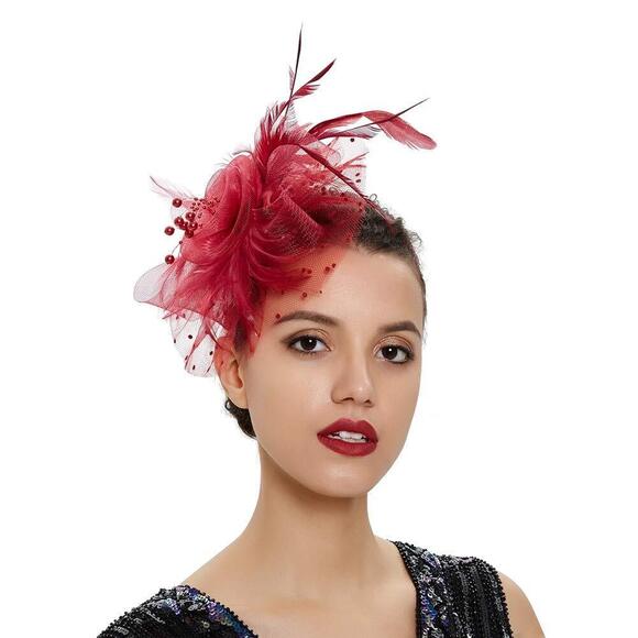 6436 1920s Women's Burgundy Fascinator Feather Kentucky Tea Party Hat - Picture 4 of 7